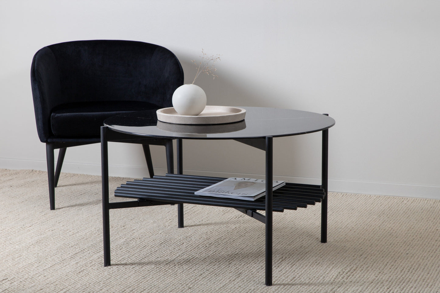 Von Staf Couchtisch aus Marmorglas/Metall in Schwarz, Ø 80cm