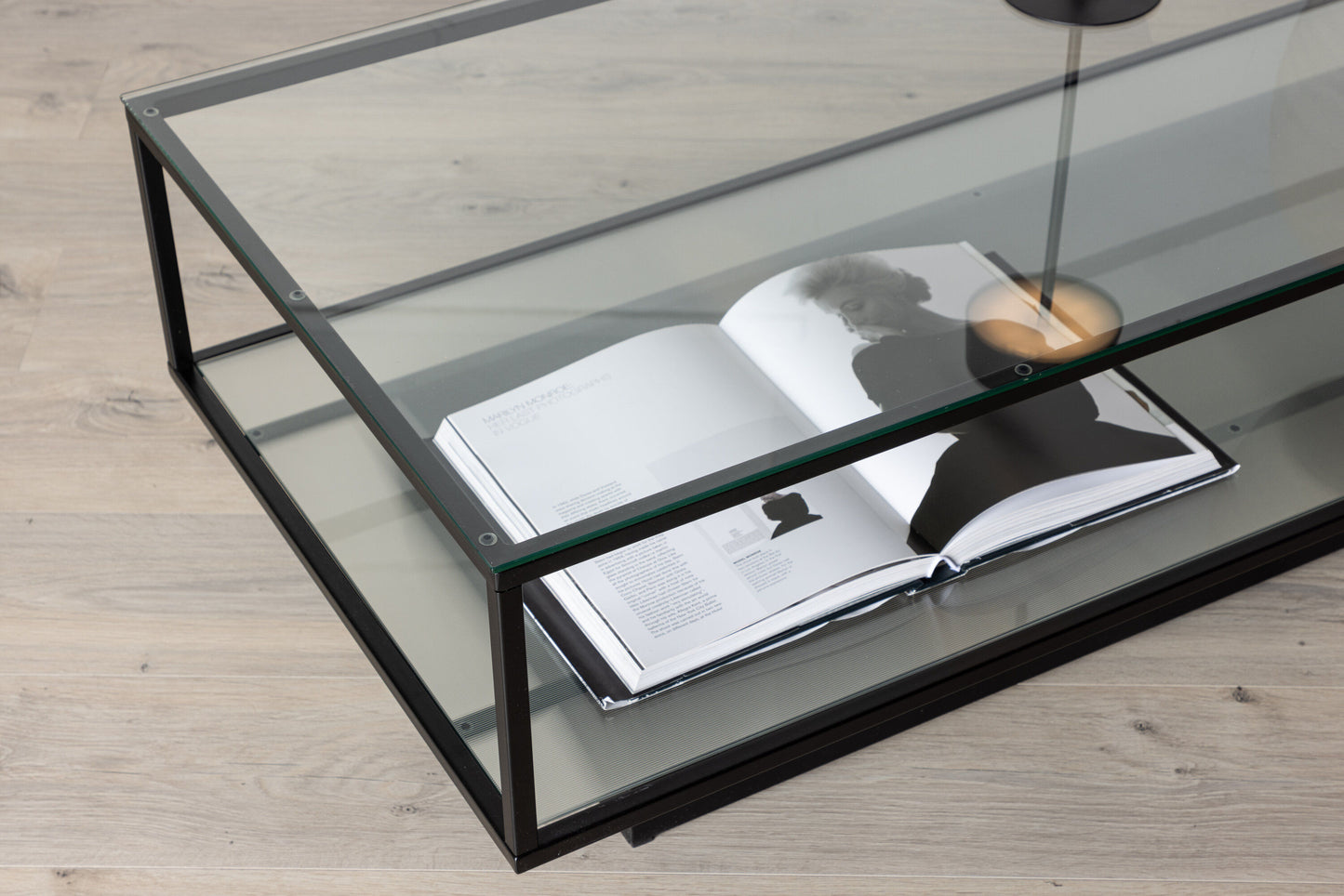 Couchtisch Maglehem aus Glas mit schwarzem Metallrahmen