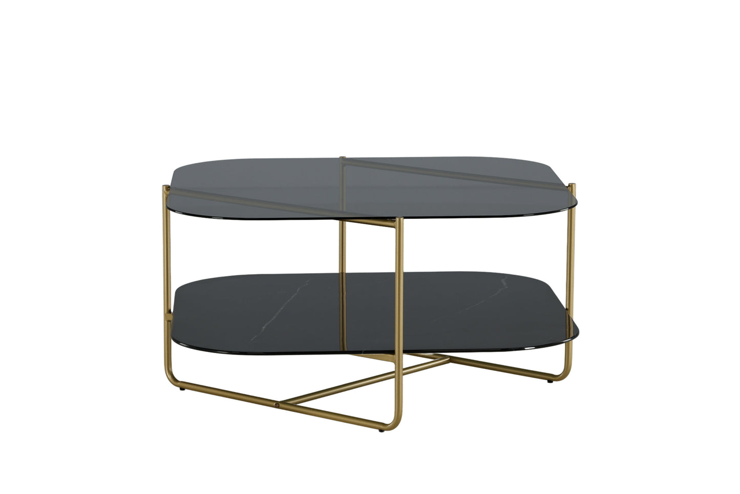 un-line Sofatisch aus Glas und Stahl in Schwarz/Gold
