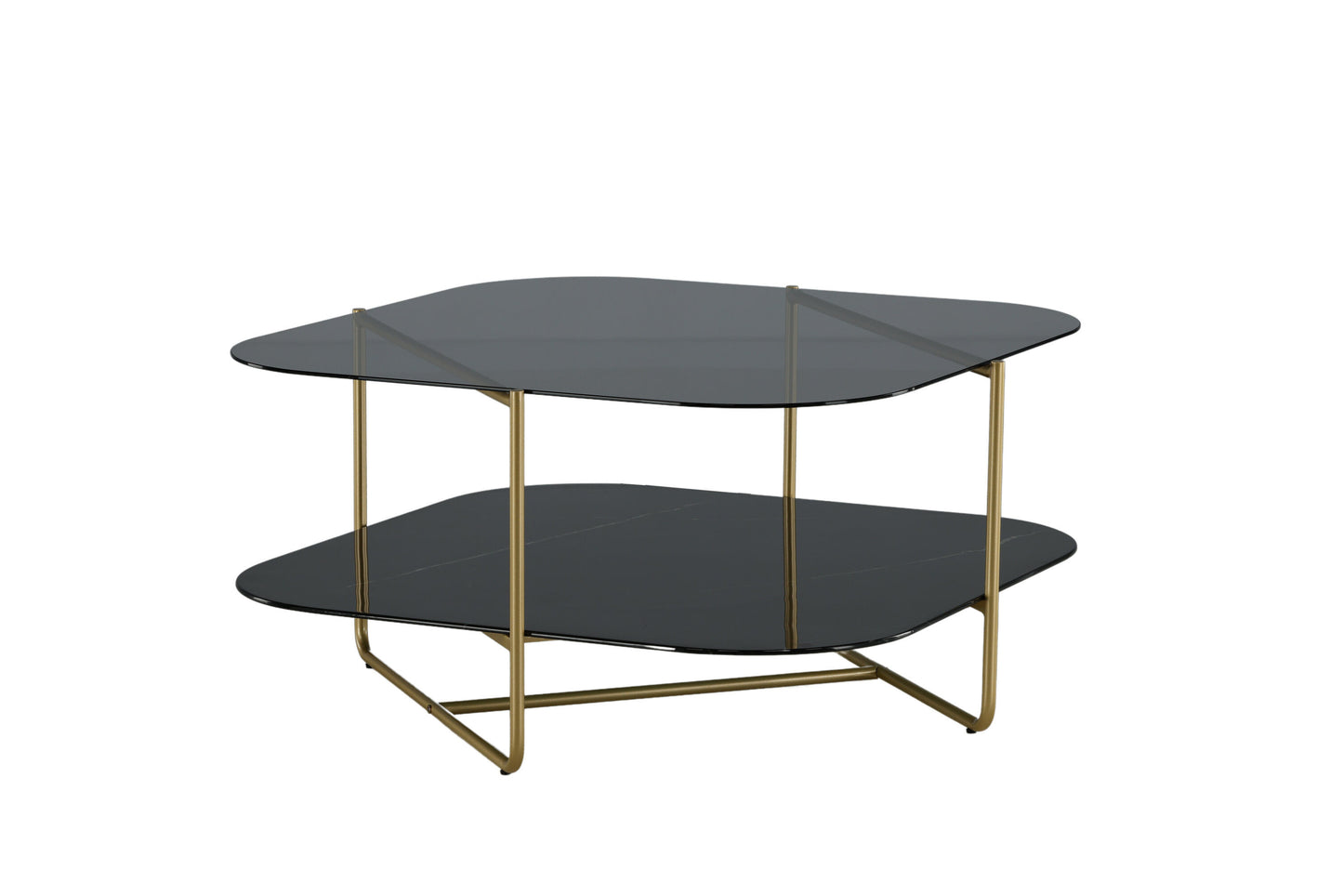 un-line Sofatisch aus Glas und Stahl in Schwarz/Gold