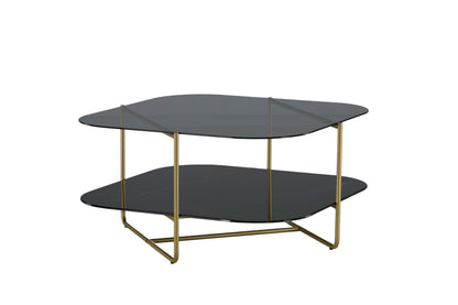 un-line Sofatisch aus Glas und Stahl in Schwarz/Gold