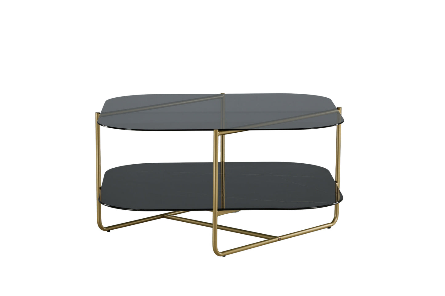 un-line Sofatisch aus Glas und Stahl in Schwarz/Gold