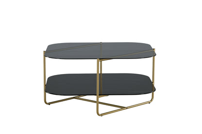un-line Sofatisch aus Glas und Stahl in Schwarz/Gold