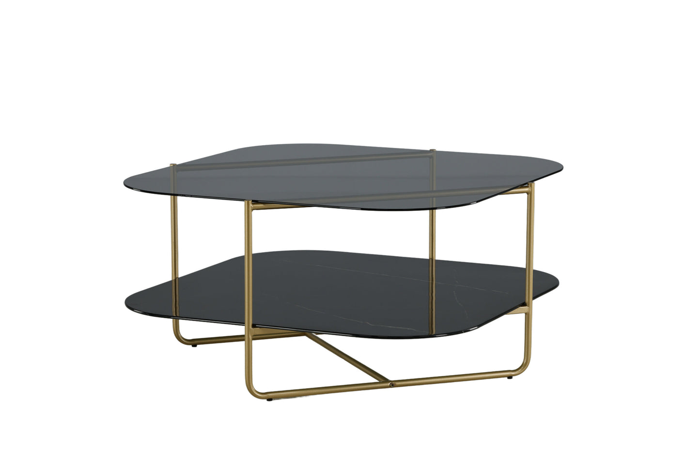 un-line Sofatisch aus Glas und Stahl in Schwarz/Gold