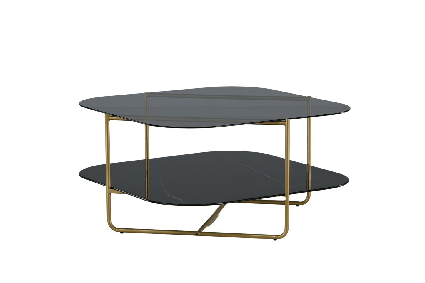un-line Sofatisch aus Glas und Stahl in Schwarz/Gold