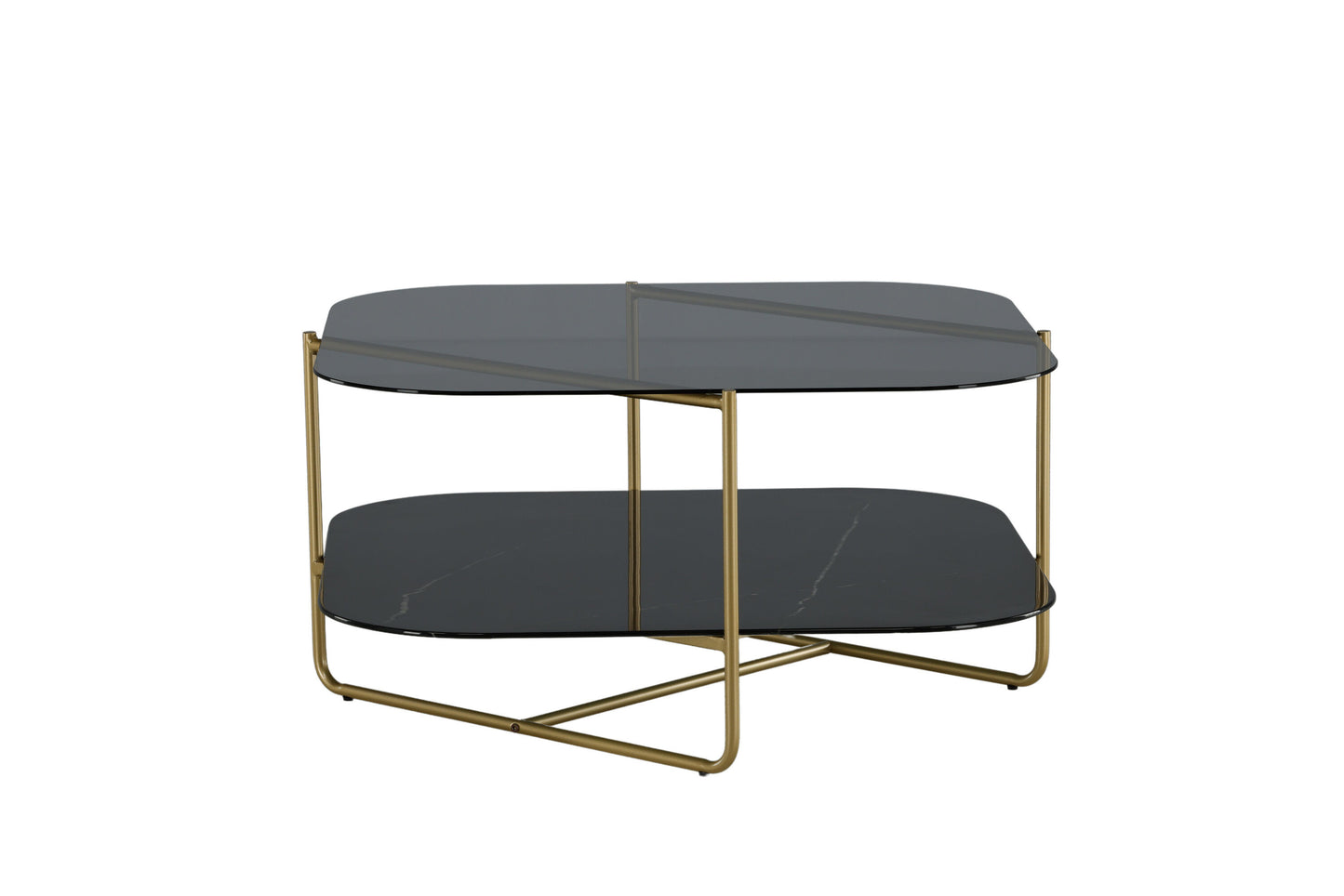 un-line Sofatisch aus Glas und Stahl in Schwarz/Gold