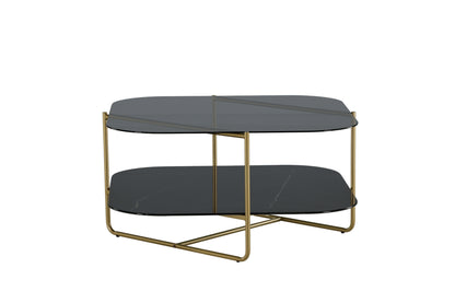 un-line Sofatisch aus Glas und Stahl in Schwarz/Gold