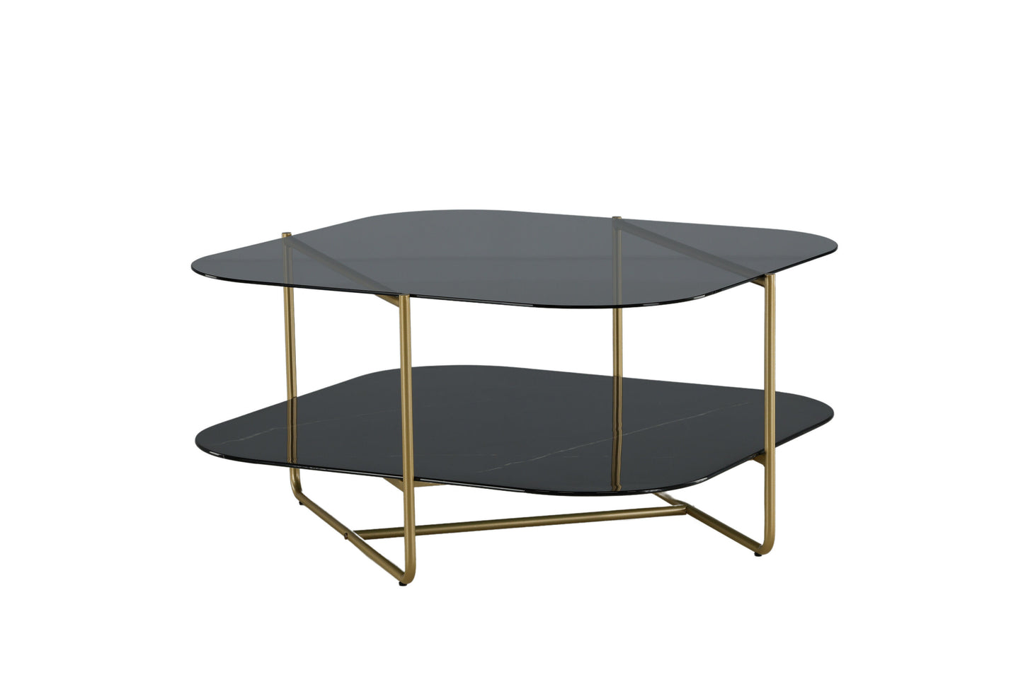 un-line Sofatisch aus Glas und Stahl in Schwarz/Gold