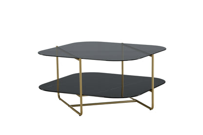 un-line Sofatisch aus Glas und Stahl in Schwarz/Gold