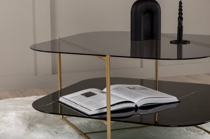 un-line Sofatisch aus Glas und Stahl in Schwarz/Gold