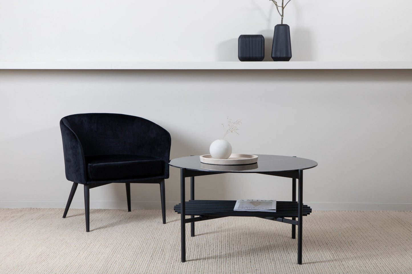 Von Staf Couchtisch aus Marmorglas/Metall in Schwarz, Ø 80cm