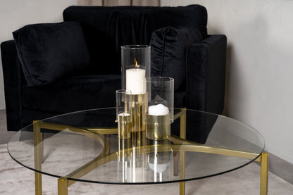 Kivik Couchtisch aus Glas und Stahl in Gold